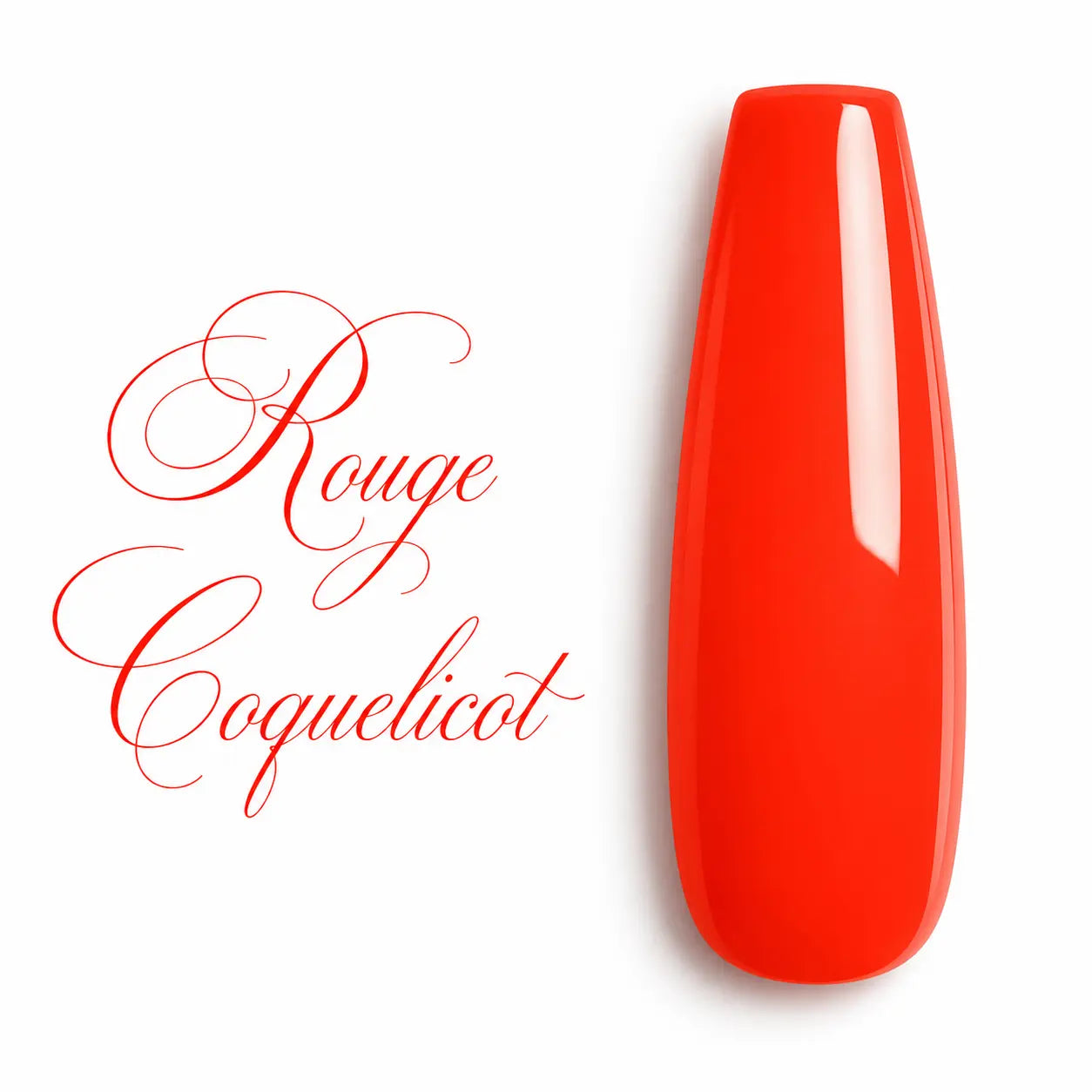 Capsule d’ongle ballerine Rouge Coquelicot ultra brillante, nuancier professionnel de vernis semi-permanent et gel UV sur fond blanc.