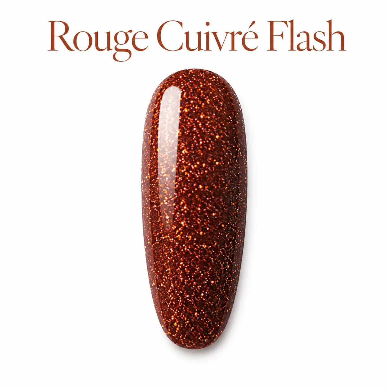 Capsule d’ongle Rouge Cuivré Flash Beauty Distribution, vernis gel rouge cuivré scintillant effetillant neon reflect, paillettes lumineuses, rendu packshot luxe sur fond blanc pour manucure professionnelle et nail art.

