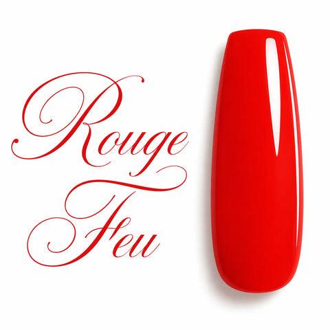 Capsule d’ongle ballerine Rouge Feu, finition ultra brillante et glossy, nuancier de vernis gel UV LED semi-permanent professionnel sur fond blanc.
