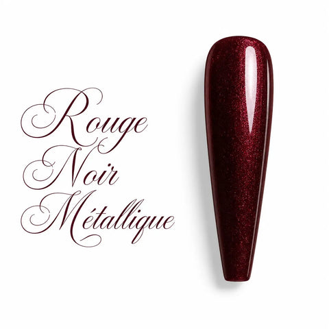Capsule d’ongle ballerine longue Rouge Noir Métallique, finition brillante et scintillante, teinte de vernis gel UV LED pour manucure professionnelle.