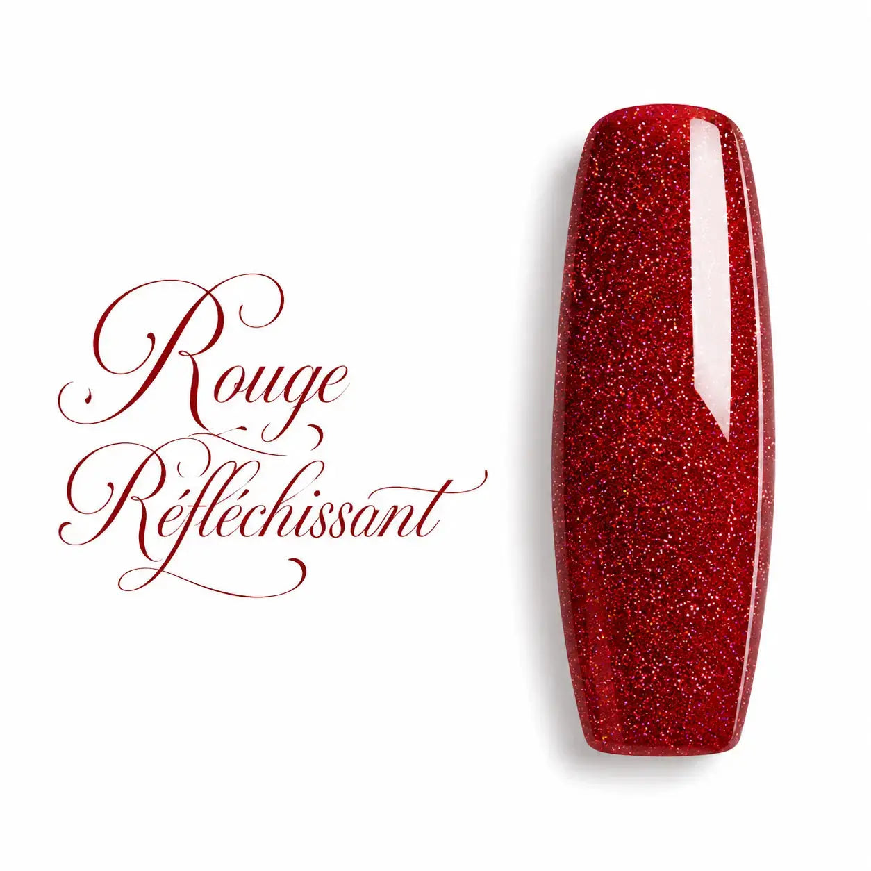 Capsule d’ongle ballerine Rouge Réfléchissant, gel UV rouge intense à micro-paillettes scintillantes et finition ultra brillante pour manucure professionnelle.