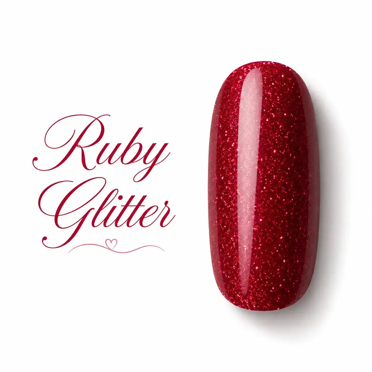 Capsule swatch vernis gel Ruby Glitter Beauty Distribution, teinte rouge rubis pailletée ultra scintillante effet glossy, rendu packshot luxe sur fond blanc, couleur glamour pour manucure professionnelle, nail art élégant et pose UV/LED.   