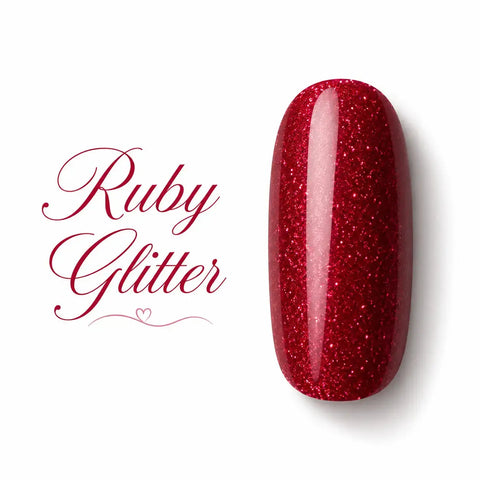 Capsule swatch vernis gel Ruby Glitter Beauty Distribution, teinte rouge rubis pailletée ultra scintillante effet glossy, rendu packshot luxe sur fond blanc, couleur glamour pour manucure professionnelle, nail art élégant et pose UV/LED.   