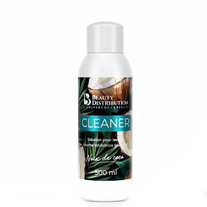 Cleaner Noix de Coco Beauty Distribution 500 ml – solution professionnelle pour retirer la couche inhibitrice des gels UV, gels LED et vernis semi-permanents. Nettoyant parfum noix de coco pour préparation et finition de la manucure, laissant une brillance parfaite sans résidus. Idéal pour les prothésistes ongulaires, salons de beauté et utilisation professionnelle.