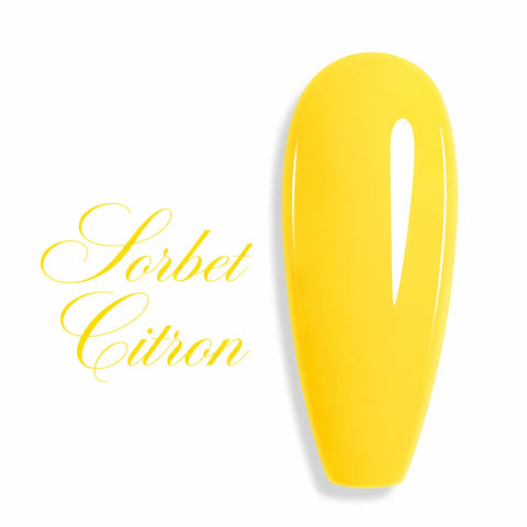Nuancier de vernis semi-permanent professionnel couleur jaune pastel sorbet citron brillant pour prothésiste ongulaire, marque Beauty Distribution.
