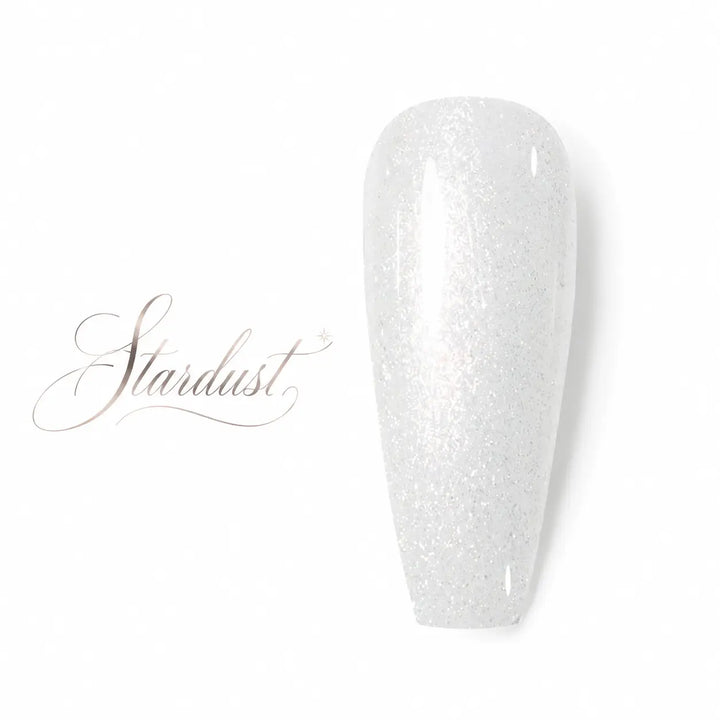 Stardust GL61 Beauty Distribution, vernis gel semi-permanent blanc pailleté effet diamant, finition glossy scintillante, packshot luxe sur fond blanc pour manucure professionnelle.