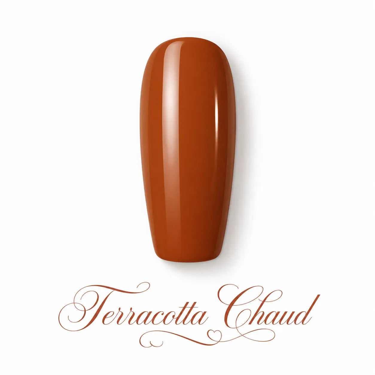 Vernis gel Terracotta Chaud Beauty Distribution, teinte terracotta cannelle glossy sur capsule professionnelle, finition brillante effet gel pour manucure chaude, élégante et tendance.