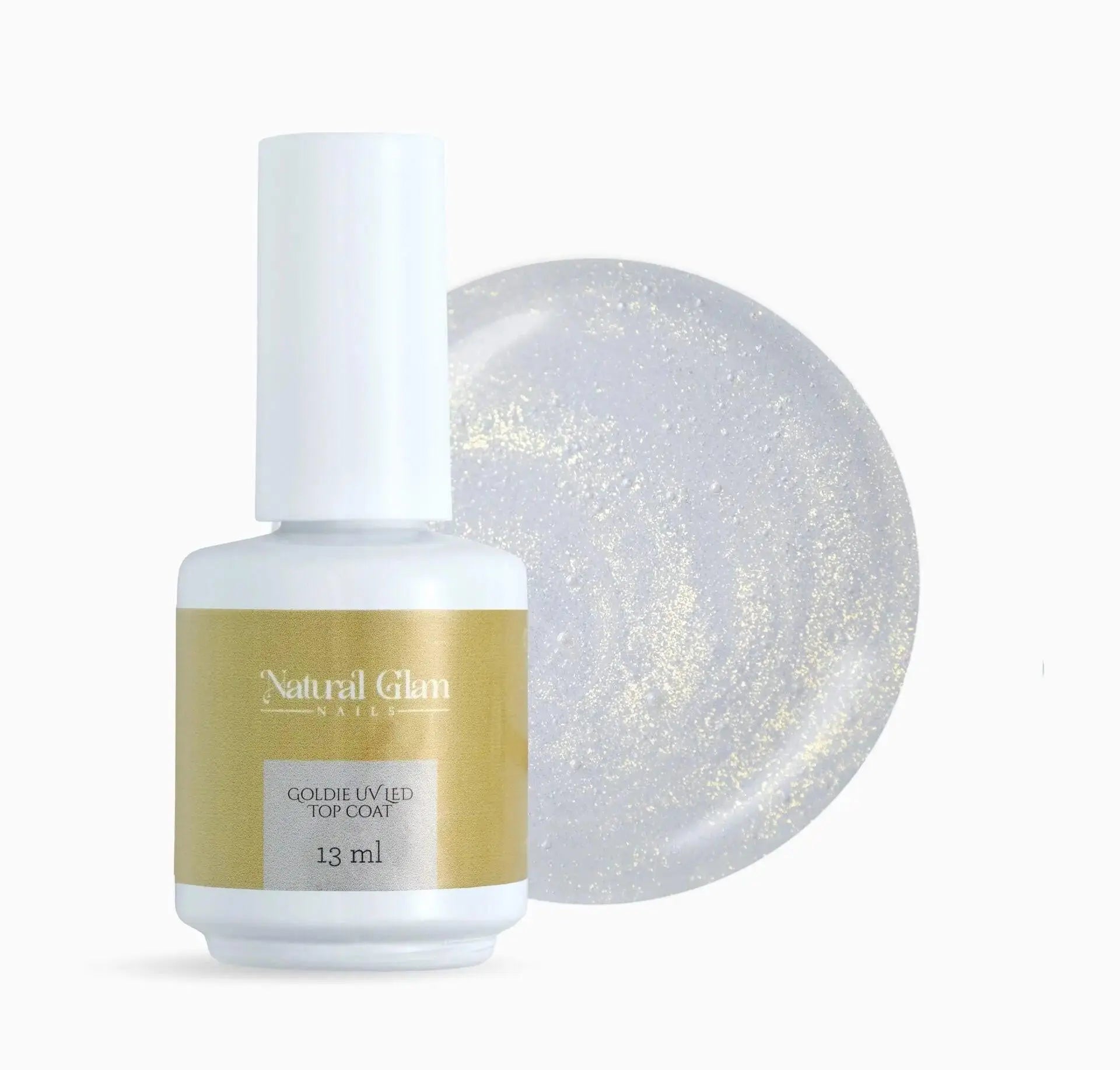 

Top Coat Goldie UV LED Natural Glam Nails 13 ml, finition transparente pailletée dorée, effet brillant scintillant, packshot luxe sur fond blanc pour manucure gel professionnelle et nail art.
