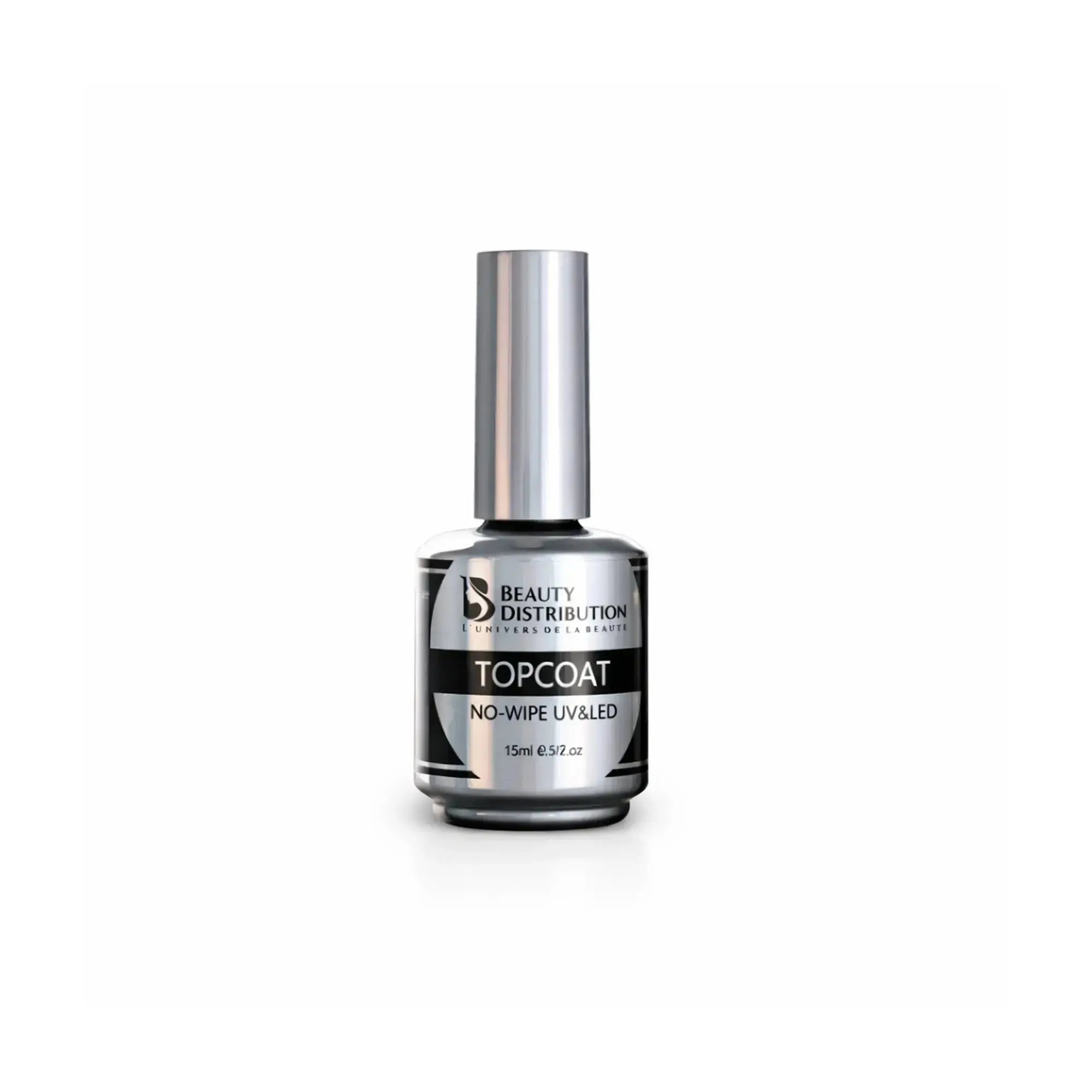 Top Coat No-Wipe UV LED Beauty Distribution 15ml, finition brillante longue tenue, flacon argent packshot luxe sur fond blanc pour manucure gel professionnelle.
