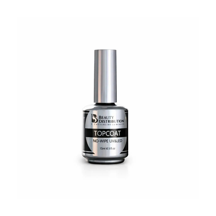 Top Coat No-Wipe UV LED Beauty Distribution 15ml, finition brillante longue tenue, flacon argent packshot luxe sur fond blanc pour manucure gel professionnelle.
