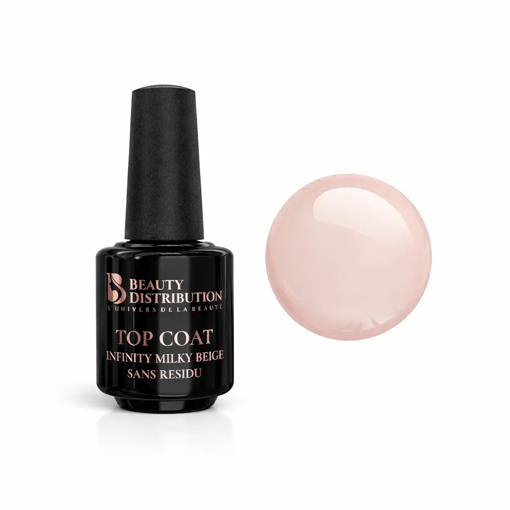 Top Coat Infinity Milky Beige Sans Résidu Beauty Distribution, finition beige rosé laiteuse brillante, flacon noir packshot luxe sur fond blanc pour manucure gel professionnelle et prothésiste ongulaire.
