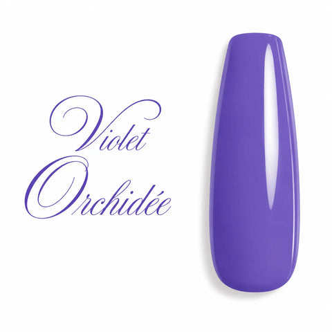 Capsule d’ongle ballerine longue couleur Violet Orchidée, vernis semi-permanent UV LED violet intense à finition ultra brillante, nuancier professionnel pour prothésiste ongulaire Beauty Distribution.