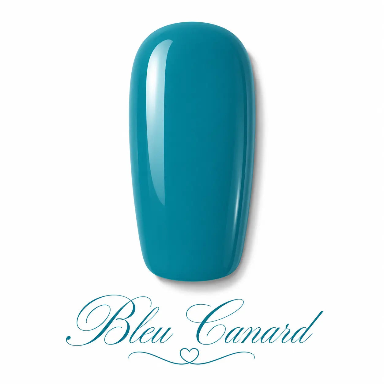 Vernis gel Bleu Canard Beauty Distribution, teinte bleu canard intense sur capsule glossy, finition brillante effet gel professionnel pour manucure chic, moderne et élégante.