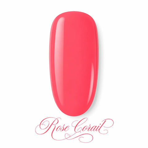 Vernis gel Rose Corail Beauty Distribution, teinte rose corail lumineuse sur capsule glossy, finition brillante effet gel professionnel pour manucure féminine, fraîche et élégante.