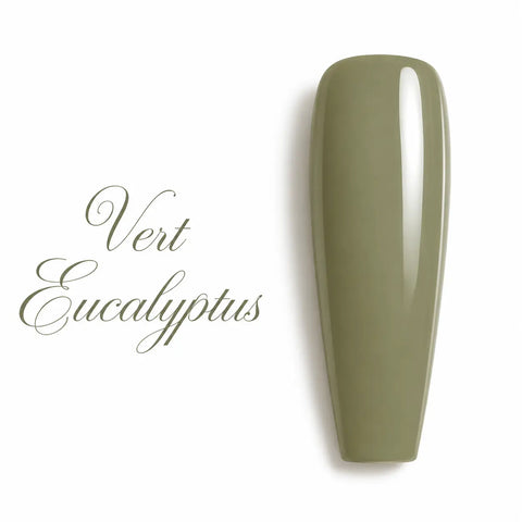 Capsule d’ongle ballerine Vert Eucalyptus, finition glossy ultra brillante, teinte kaki sauge élégante pour vernis gel UV LED Beauty Distribution.