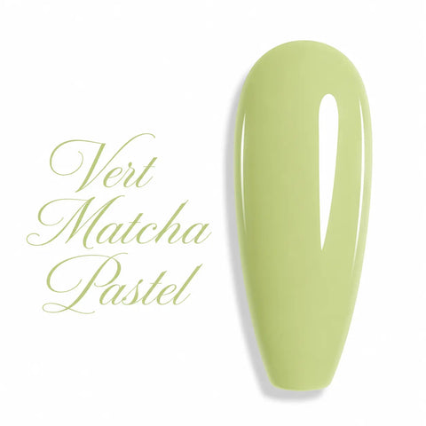 Nuancier de vernis semi-permanent professionnel couleur vert matcha pastel clair brillant pour prothésiste ongulaire, marque Beauty Distribution.