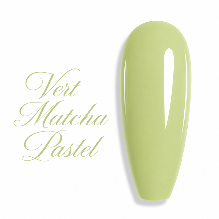 Nuancier de vernis semi-permanent professionnel couleur vert matcha pastel clair brillant pour prothésiste ongulaire, marque Beauty Distribution.