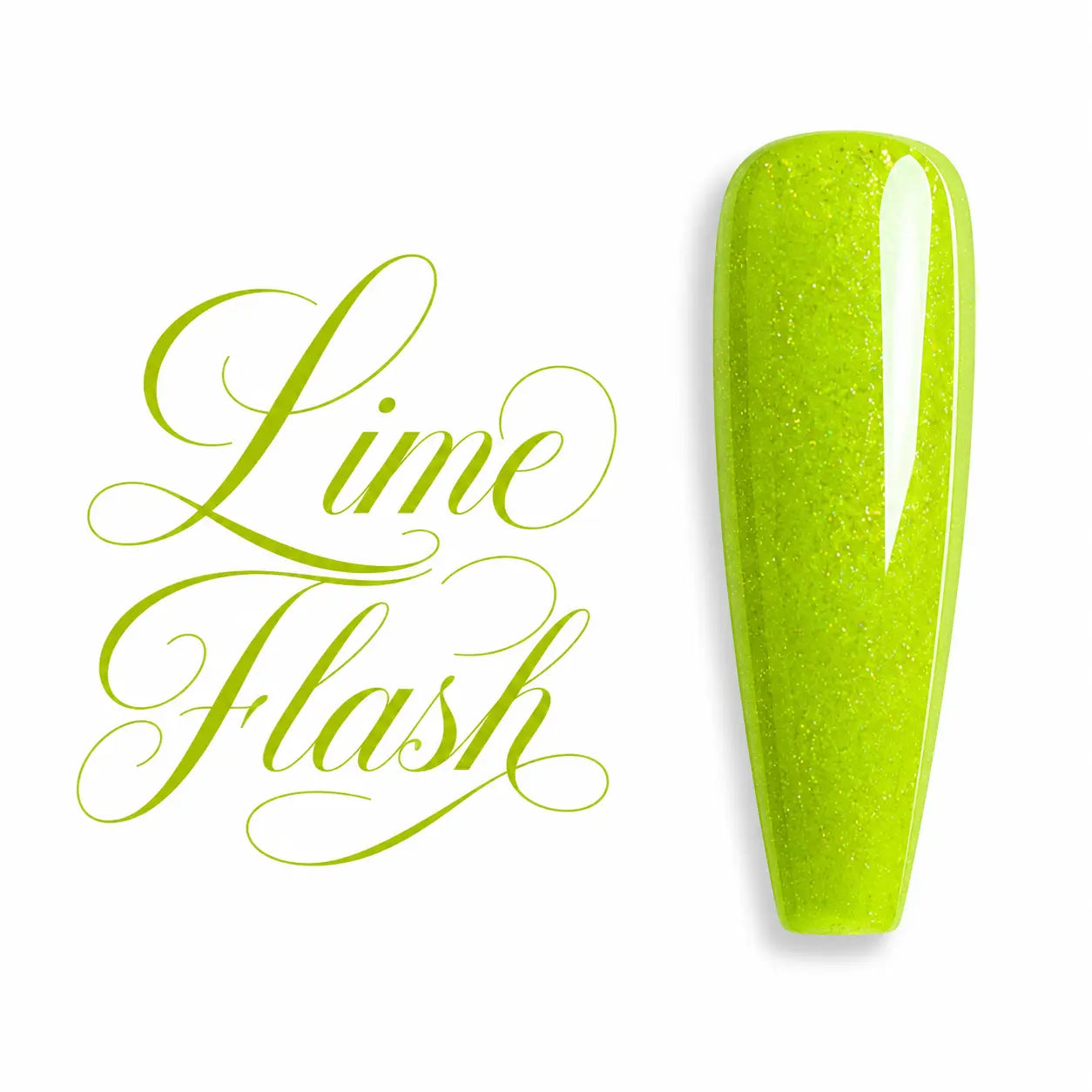 Capsule d’ongle ballerine Lime Flash, vert citron néon scintillant à finition ultra brillante, nuancier de vernis semi-permanent UV/LED Beauty Distribution.