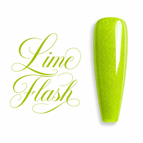 Capsule d’ongle ballerine Lime Flash, vert citron néon scintillant à finition ultra brillante, nuancier de vernis semi-permanent UV/LED Beauty Distribution.