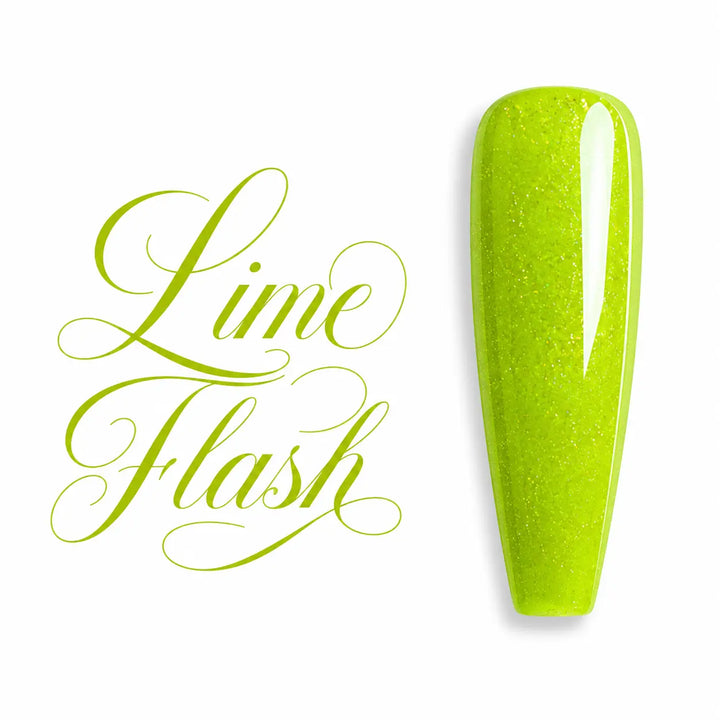 Capsule d’ongle ballerine Lime Flash, vert citron néon scintillant à finition ultra brillante, nuancier de vernis semi-permanent UV/LED Beauty Distribution.