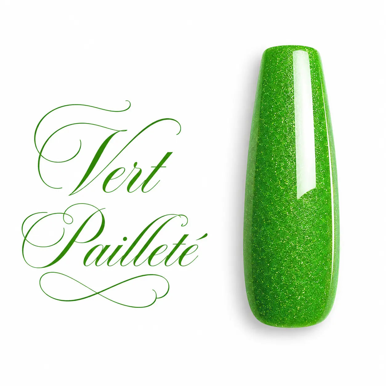 Capsule d’ongle ballerine longue Vert Pailleté, finition gel UV ultra brillante et scintillante, nuancier professionnel pour manucure, nail art et vernis semi-permanent.