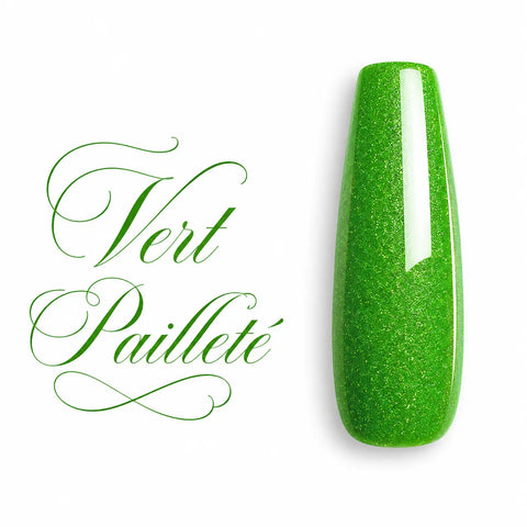 Capsule d’ongle ballerine longue Vert Pailleté, finition gel UV ultra brillante et scintillante, nuancier professionnel pour manucure, nail art et vernis semi-permanent.