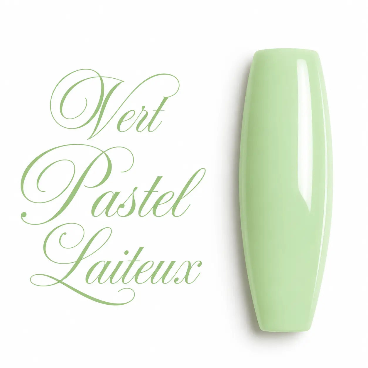 Vert Pastel Laiteux – Nuancier vernis gel UV LED Beauty Distribution, capsule d’ongle ballerine finition ultra brillante, teinte vert pastel laiteux douce, crémeuse et légèrement translucide, idéale pour manucure professionnelle, nail art, gainage, pose en gel, BIAB et vernis semi-permanent.