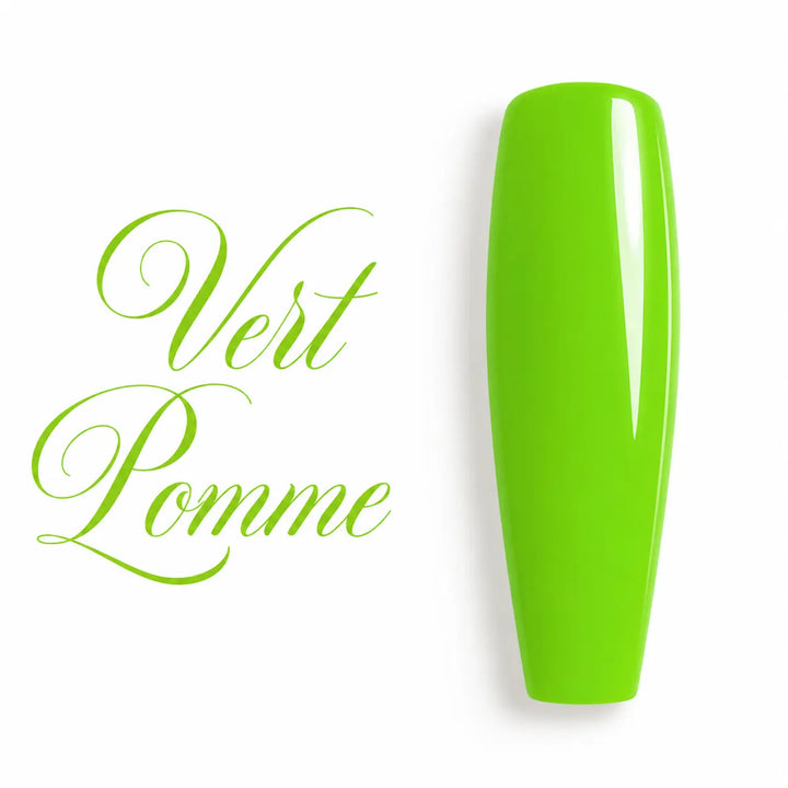 Capsule nuancier longue forme ballerine en vernis gel UV LED Vert Pomme, finition ultra brillante, visuel professionnel Beauty Distribution.