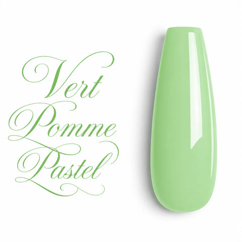 Vert Pomme Pastel – capsule nuancier vernis semi-permanent Beauty Distribution, finition ultra brillante, teinte vert pomme pastel douce et lumineuse, idéale pour les poses d’ongles en gel UV, vernis semi-permanent, BIAB, gainage, nail art et manucure professionnelle. Visuel produit premium sur fond blanc avec capsule ballerine glossy.