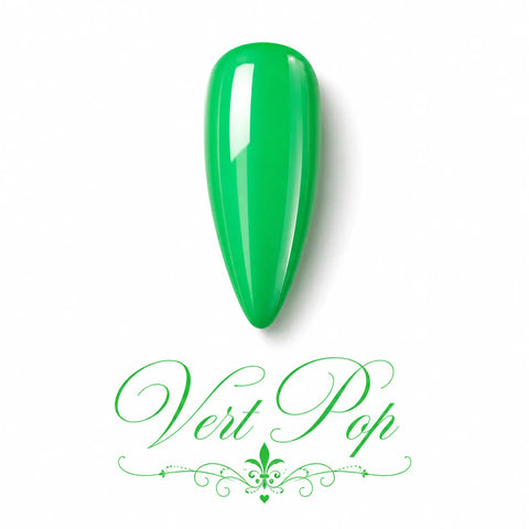 Vernis gel Vert Pop Beauty Distribution, teinte vert vif glossy sur capsule professionnelle, finition brillante effet gel pour manucure tendance, fraîche et audacieuse.