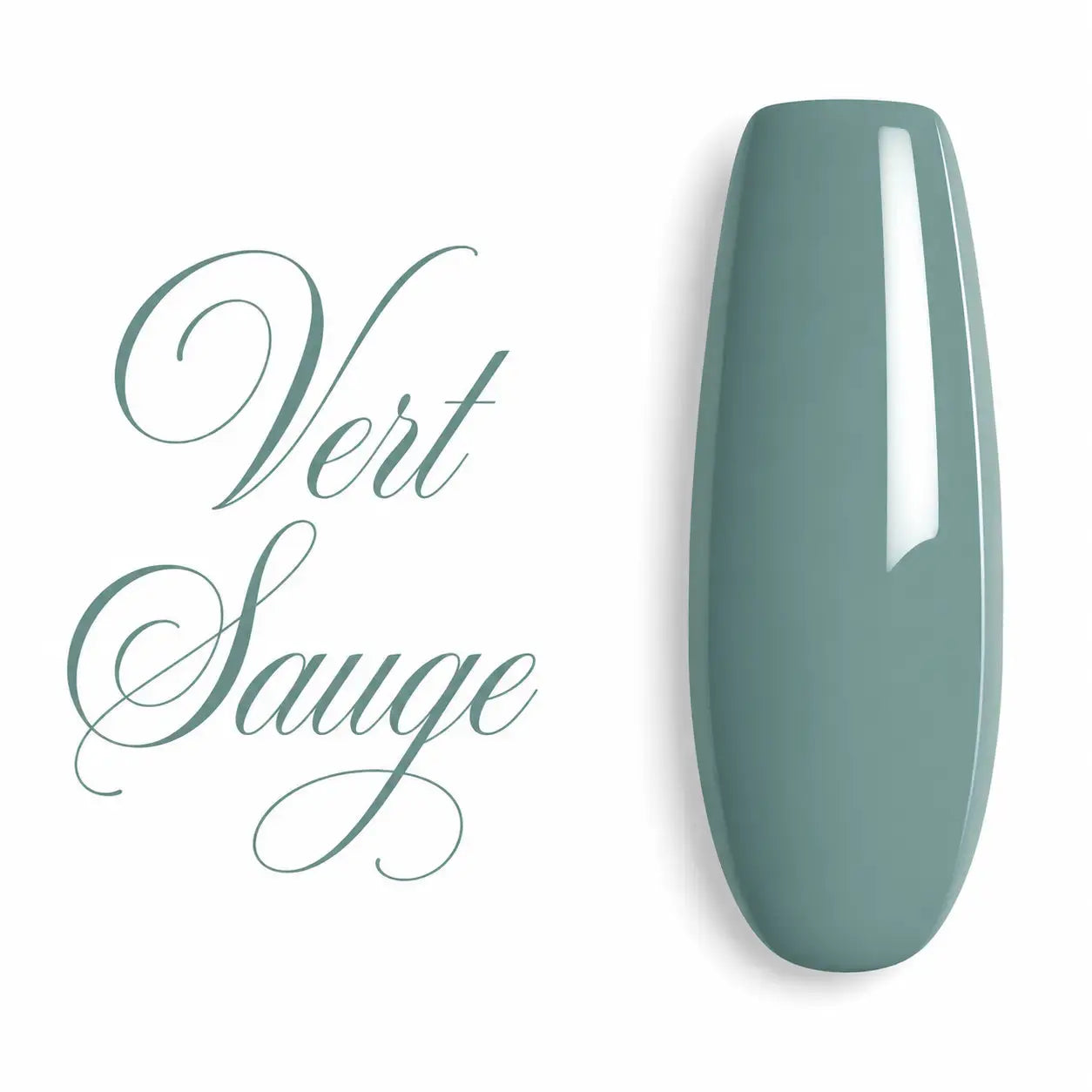 Capsule d’ongle ballerine longue Vert Sauge, finition glossy ultra brillante, nuancier professionnel de gel UV et vernis semi-permanent.