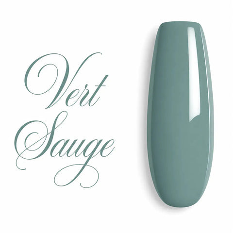 Capsule d’ongle ballerine longue Vert Sauge, finition glossy ultra brillante, nuancier professionnel de gel UV et vernis semi-permanent.