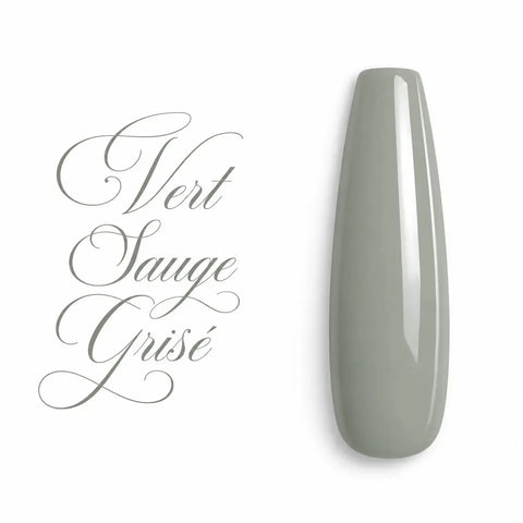 Capsule d’ongle ballerine Vert Sauge Grisé ultra brillante, nuancier professionnel de vernis semi-permanent et gel UV LED pour manucure élégante.