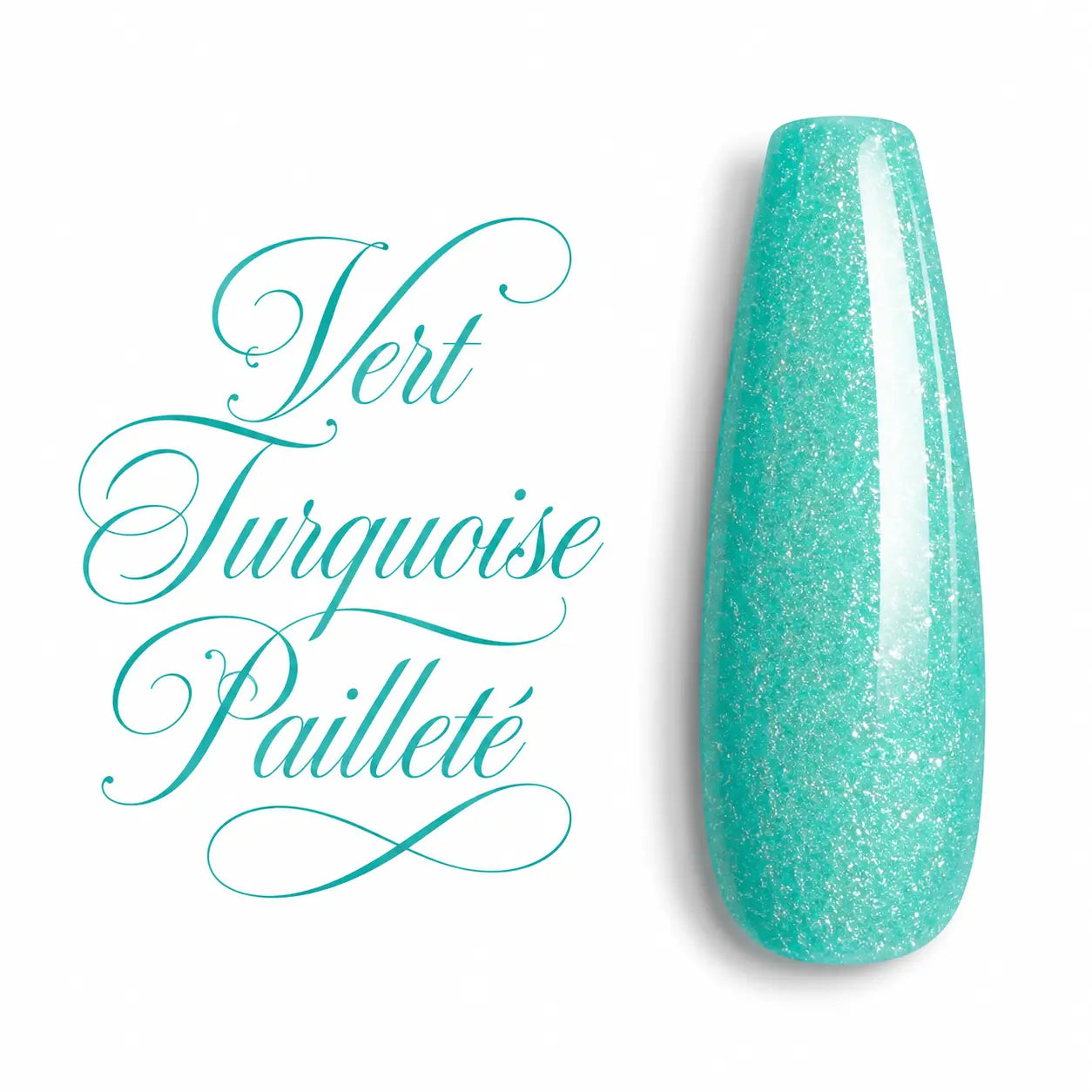 Vert Turquoise Pailleté – Capsule de nuancier en gel UV et vernis semi-permanent couleur vert turquoise pailleté, finition ultra brillante et scintillante. Teinte turquoise lumineuse enrichie de fines paillettes argentées pour un effet nacré et glamour. Idéal pour les poses d'ongles en gel UV, semi-permanent, BIAB, gainage, Nail Art et manucures professionnelles. Présentation sur fond blanc dans un style packshot premium haute définition