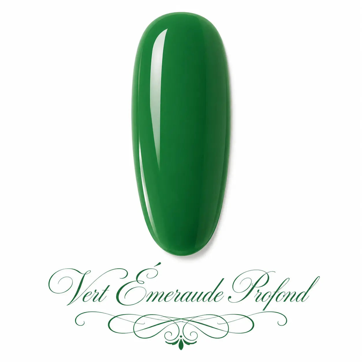 Vernis gel Vert Émeraude Profond Beauty Distribution, teinte vert émeraude intense sur capsule glossy, finition brillante effet gel professionnel pour manucure chic, élégante et sophistiquée.