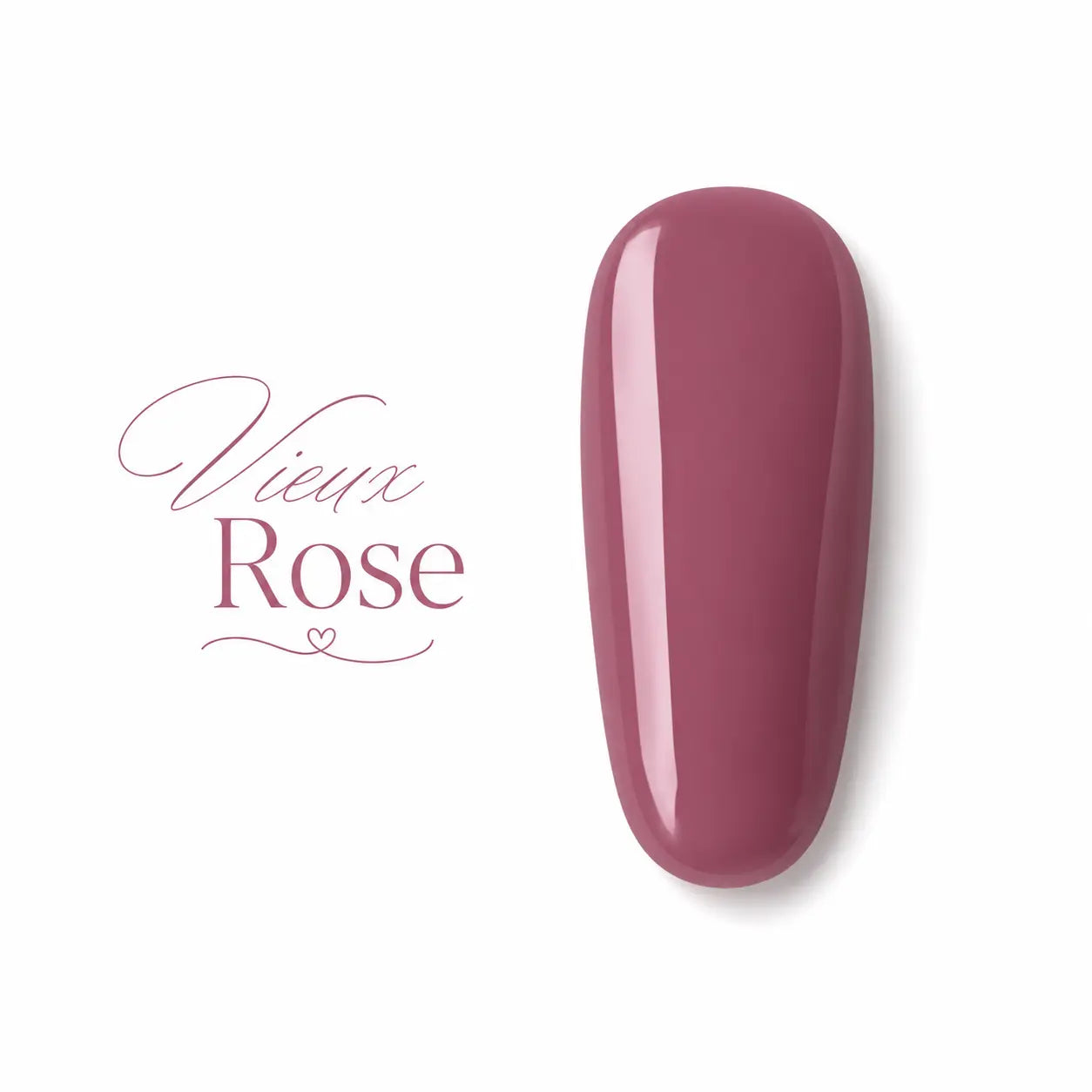 Vernis gel Beauty Distribution couleur vieux rose, flacon 10 ml sur fond blanc avec pastille de couleur rose poudré brillante, packshot luxe pour manucure et prothésie ongulaire.
