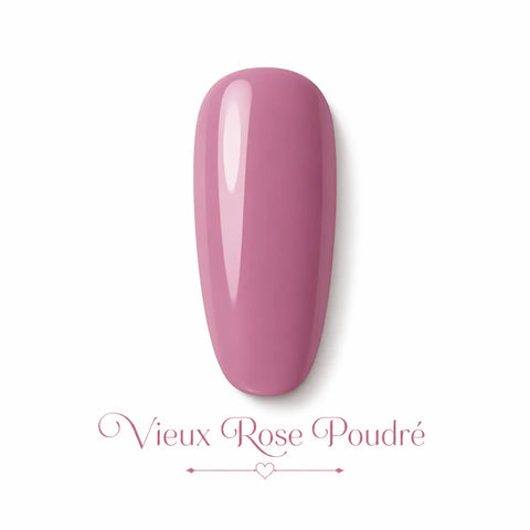 Vernis gel Vieux Rose Poudré Beauty Distribution, teinte rose poudré élégante effet glossy, capsule couleur sur fond blanc pour manucure professionnelle UV/LED.
