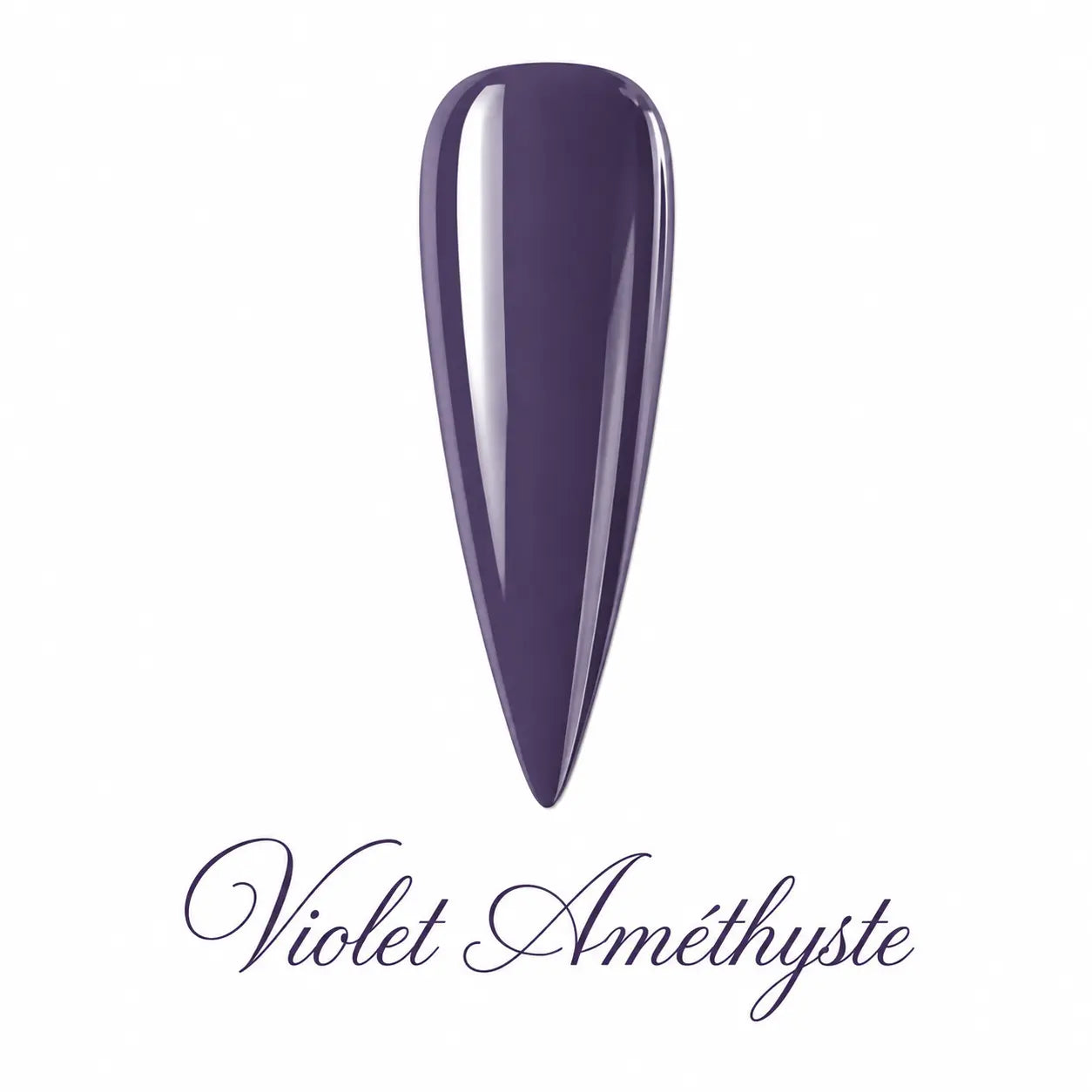 Capsule stiletto Violet Améthyste Beauty Distribution, vernis gel violet profond brillant, finition glossy élégante, rendu packshot luxe sur fond blanc pour manucure professionnelle et nail art.