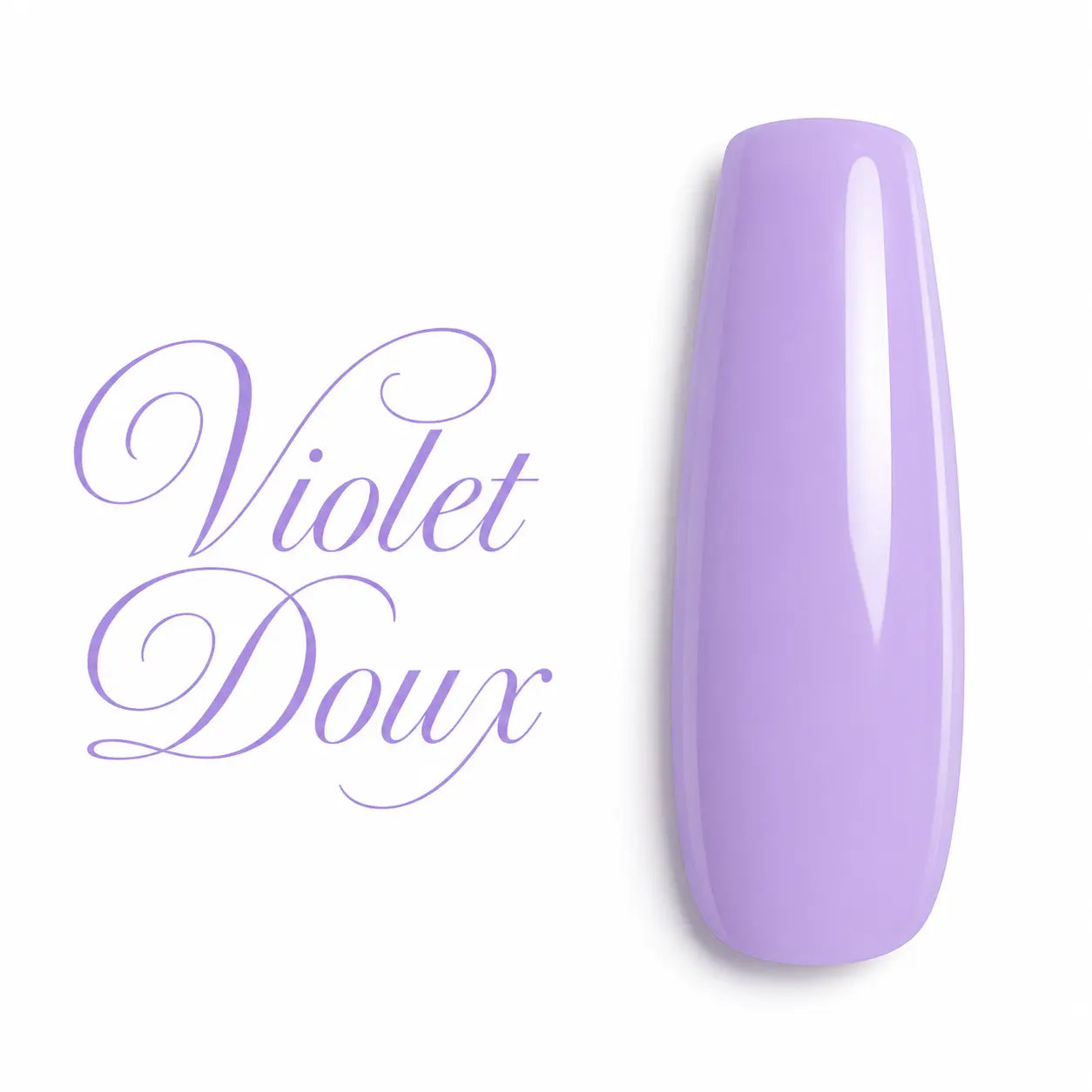 Capsule d’ongle ballerine longue en vernis gel Violet Doux, teinte lilas pastel brillante et crémeuse, finition glossy professionnelle sur fond blanc