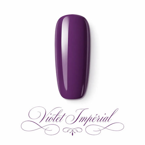 Vernis gel Violet Impérial Beauty Distribution, teinte violet profond glossy sur capsule professionnelle, finition brillante effet gel pour manucure chic, intense et sophistiquée.