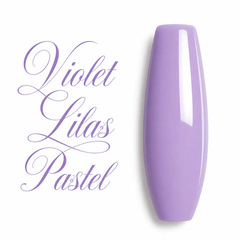 Vernis gel UV/LED Violet Lilas Pastel sur capsule ballerine brillante, couleur lilas pastel douce et crémeuse, finition glossy ultra lumineuse. Nuancier professionnel pour manucure, nail art, pose de gel UV, semi-permanent, BIAB et ongles en gel. Teinte élégante idéale pour des poses raffinées, naturelles et tendance. Disponible sur Beauty Distribution.