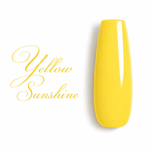 Capsule d’ongle ballerine longue jaune soleil ultra brillante, teinte Yellow Sunshine, nuancier premium de vernis gel UV LED Beauty Distribution sur fond blanc.