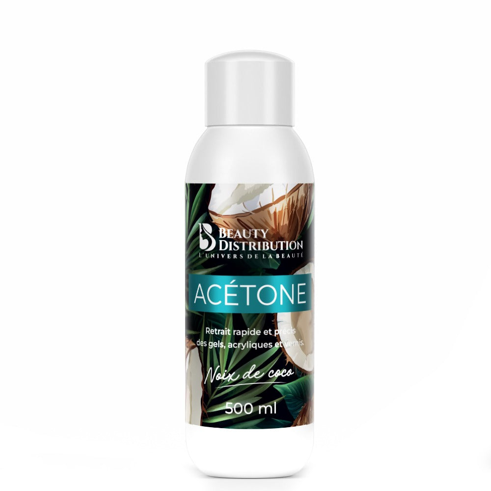 Acétone parfumée noix de coco 500 ml Beauty Distribution pour dépose gel, vernis semi-permanent, résine acrylique et capsules, dissolvant professionnel pour ongles