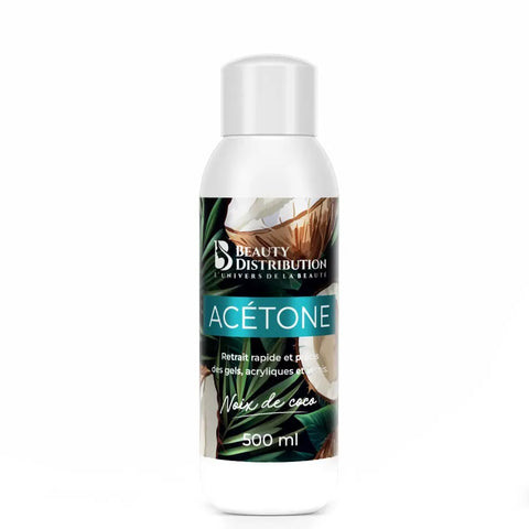 Acétone parfumée noix de coco 500 ml Beauty Distribution pour dépose gel, vernis semi-permanent, résine acrylique et capsules, dissolvant professionnel pour ongles