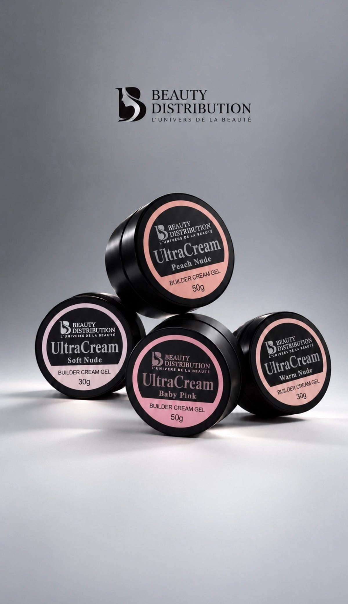 Présentation de quatre teintes Ultra Cream Beauty Distribution : Peach Nude 50 g, Soft Nude 30 g, Baby Pink 50 g et Warm Nude 30 g.