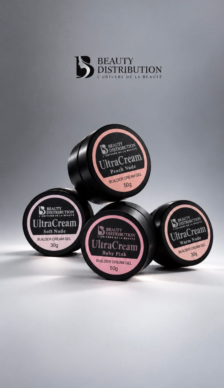 Présentation de quatre teintes Ultra Cream Beauty Distribution : Peach Nude 50 g, Soft Nude 30 g, Baby Pink 50 g et Warm Nude 30 g.