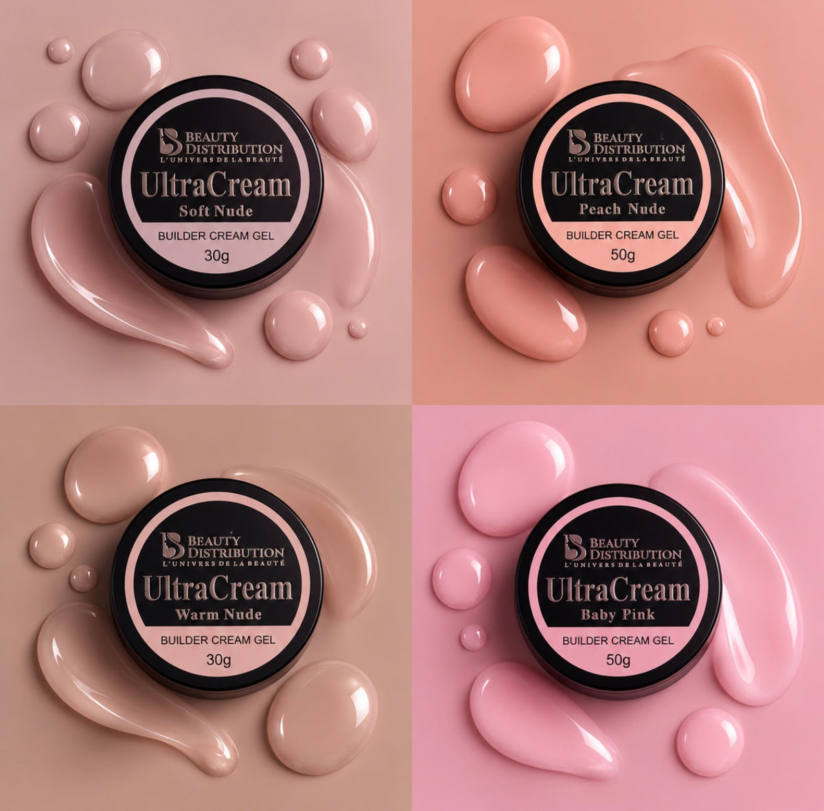 Pots et textures de la gamme Ultra Cream : Soft Nude 30 g, Peach Nude 50 g, Warm Nude 30 g et Baby Pink 50 g.