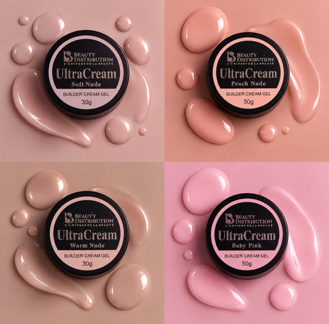 Pots et textures de la gamme Ultra Cream : Soft Nude 30 g, Peach Nude 50 g, Warm Nude 30 g et Baby Pink 50 g.