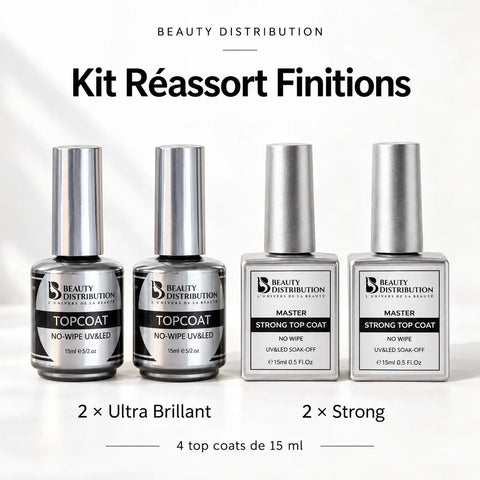 Kit Réassort Finitions Beauty Distribution : deux Top Coat Ultra Brillant No-Wipe et deux Strong Top Coat, flacons de 15 ml.