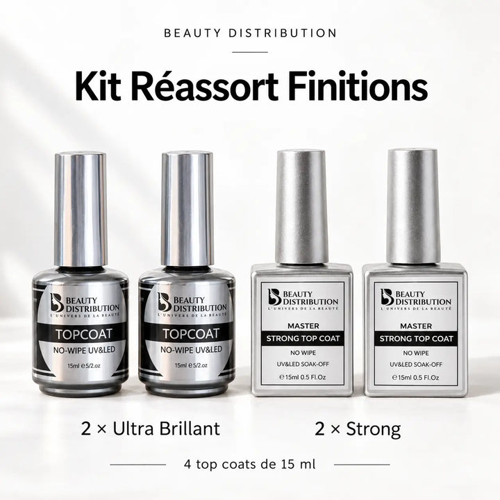 Kit Réassort Finitions Beauty Distribution : deux Top Coat Ultra Brillant No-Wipe et deux Strong Top Coat, flacons de 15 ml.